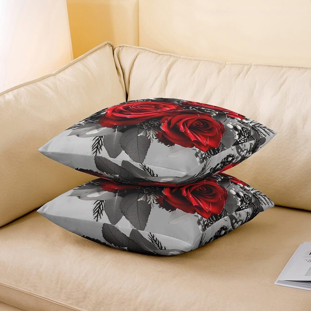 1280 Set of 2 Rose Floral Pillow Covers 18x18 Inch, Romantic Red Flowers - Picture 3 of 7